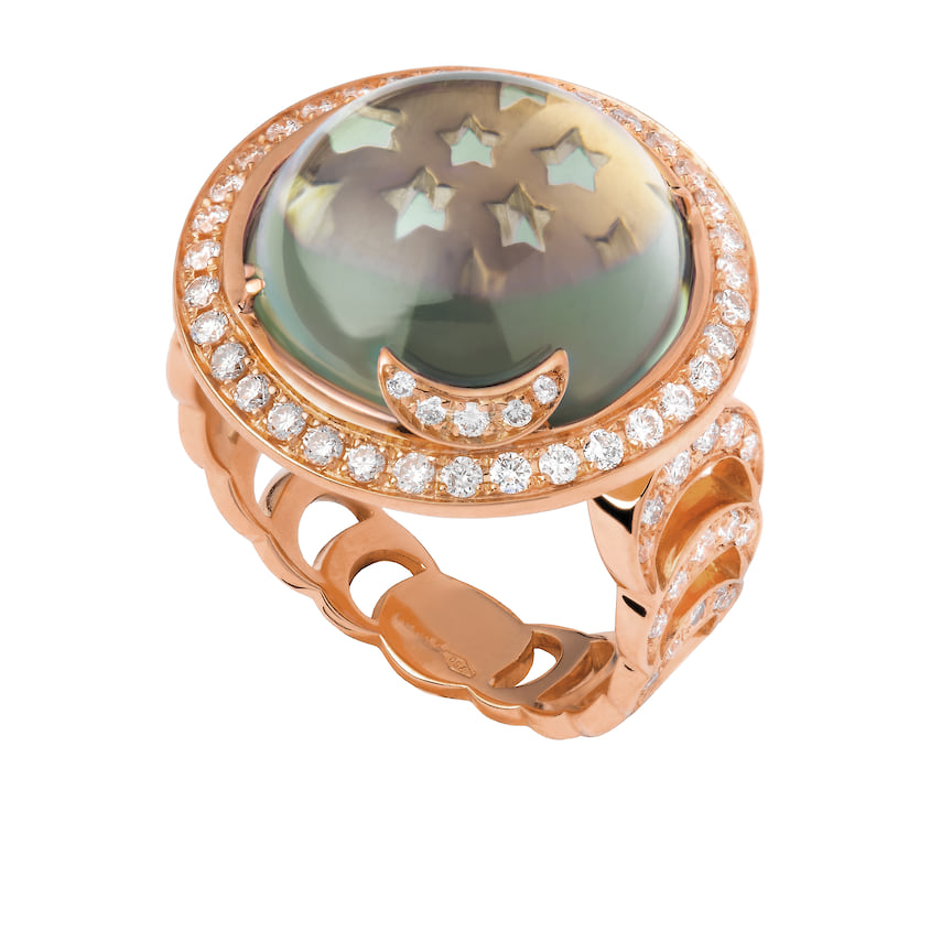 Jenny Dee, кольцо Andromeda, розовое золото, перламутр, бриллианты