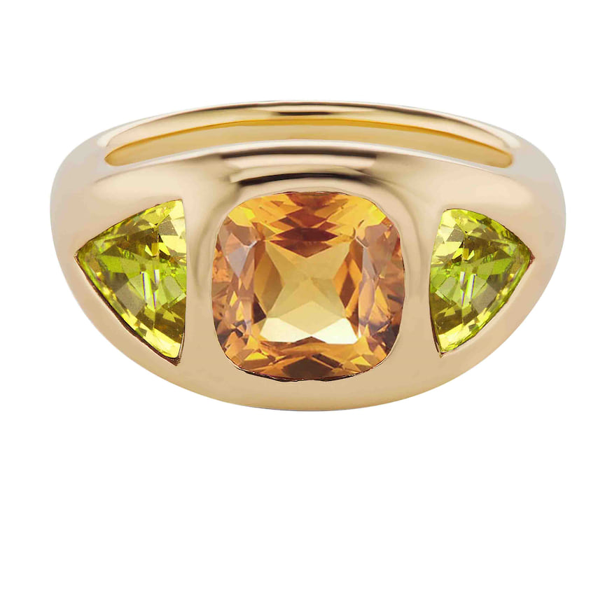 Brent Neale, кольцо Gypsy, желтое золото, оранжевый сапфир, перидоты