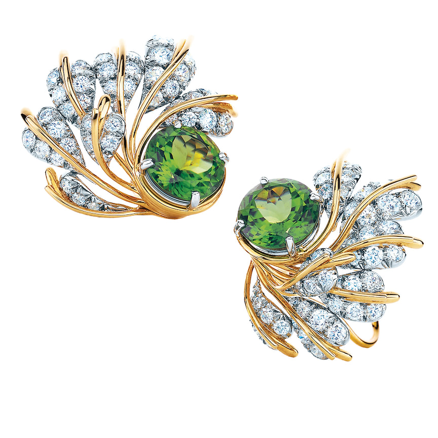 Tiffany &amp; Co. Schlumberger, серьги Leaves, желтое золото, платина, перидоты, бриллианты