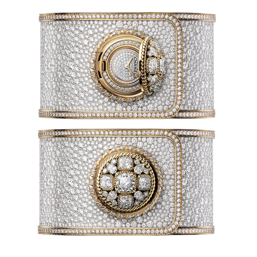 Chanel Watches, часы Mademoiselle Prive Bouton Serti Neige, желтое и белое золото, бриллианты, кварцевый механизм