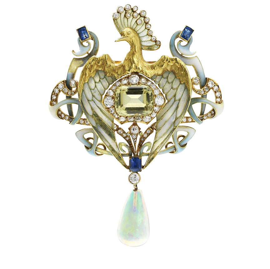 Philippe Wolfers, брошь-подвеска, золото, эмаль, перидоты, опалы, бриллианты, 1902 год