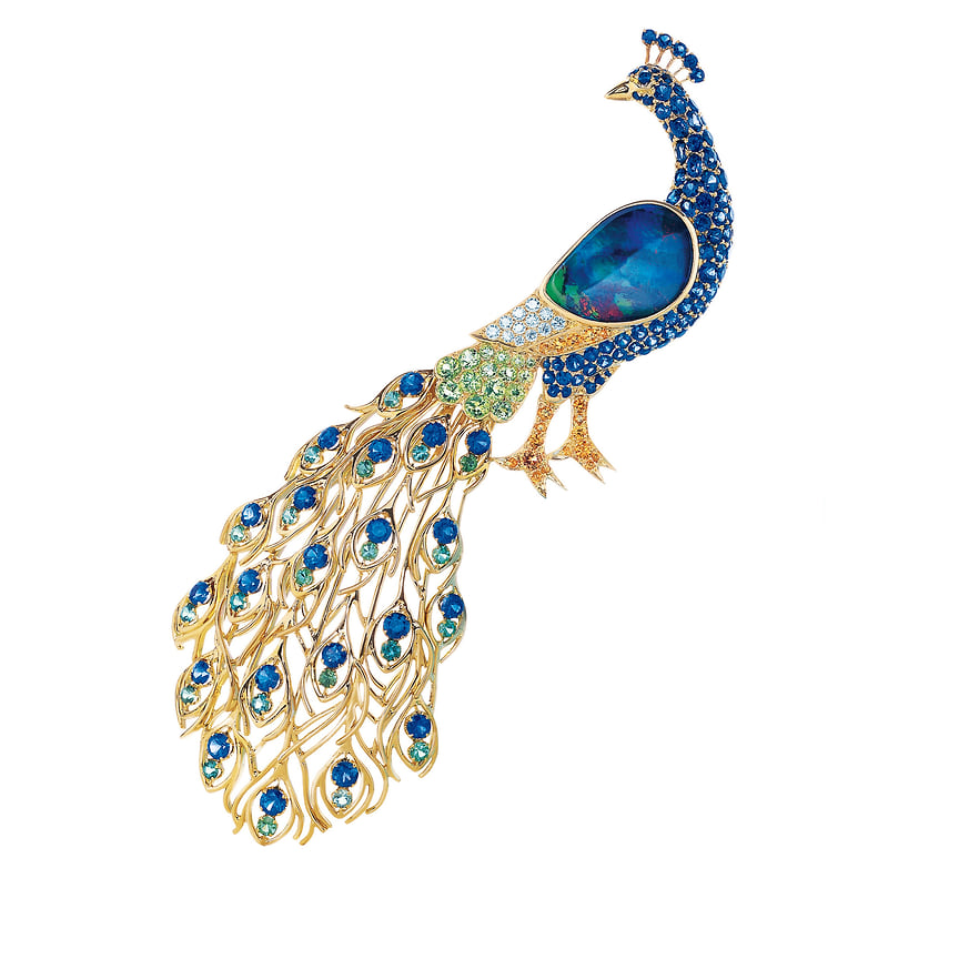 Tiffany &amp; Co., брошь Peacock, желтое золото, черные опалы, зеленые турмалины, сапфиры, бриллианты