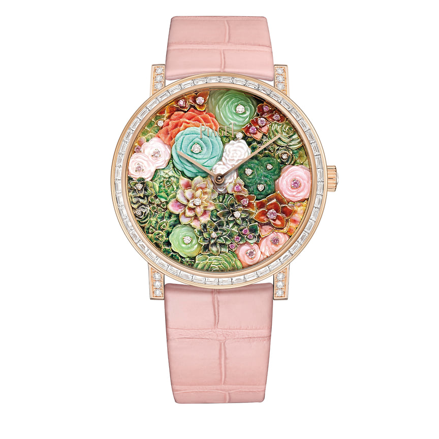 Piaget, часы Titanota Bright Garden Watch, розовое золото, бриллианты, сапфиры, цавориты