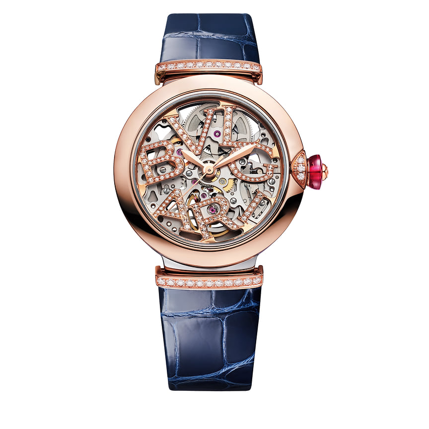 Bvlgari, часы Lvcea Skeleton, 33 мм, сталь, розовое золото, бриллианты, рубеллит, механизм с автоматическим подзаводом, запас хода 42 часа