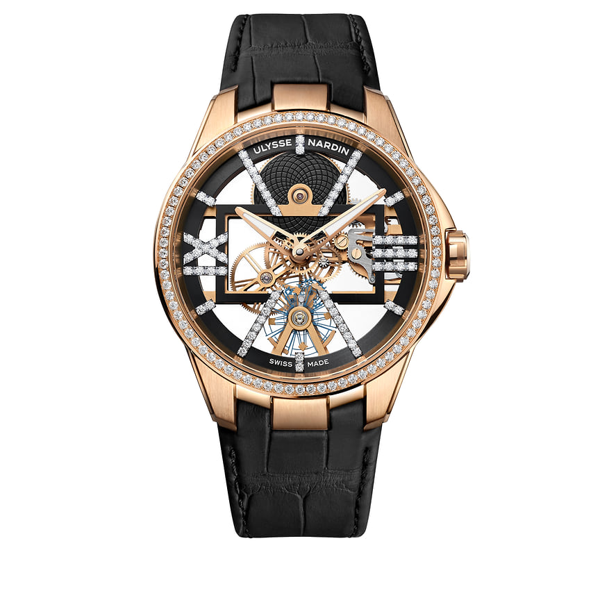 Ulysse Nardin, часы Skeleton X Sparkling, 42 мм, розовое золото, бриллианты, механизм с ручным подзаводом