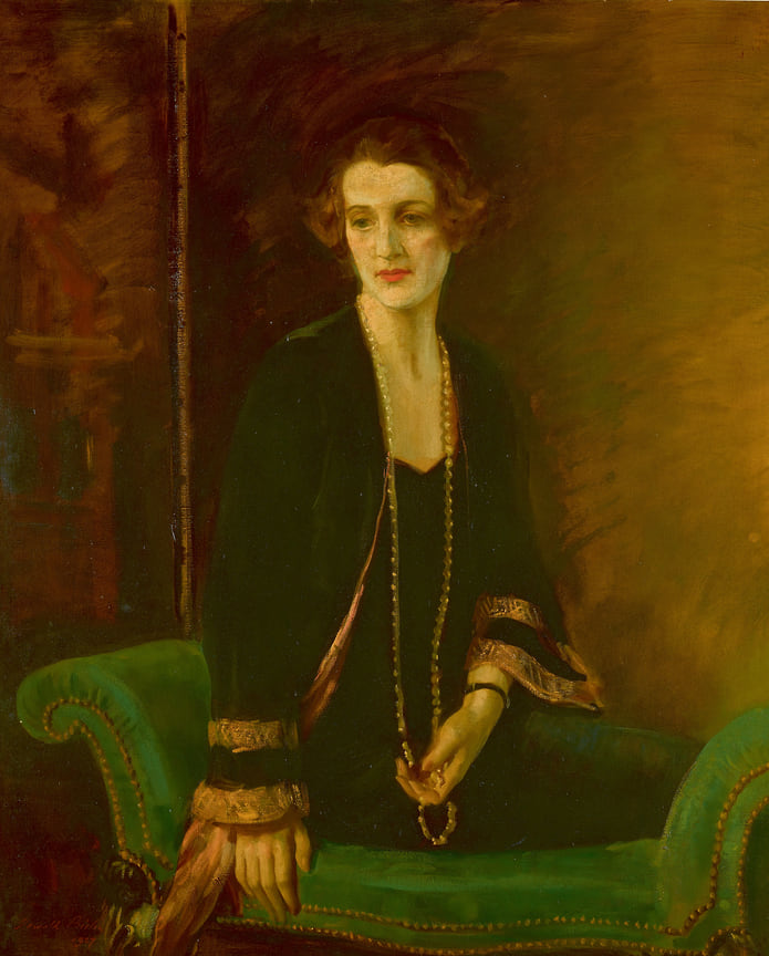 Сэр Освальд Берли, портрет леди Дорин Браун, жены 5-го барона Браборна, на зеленой банкетке