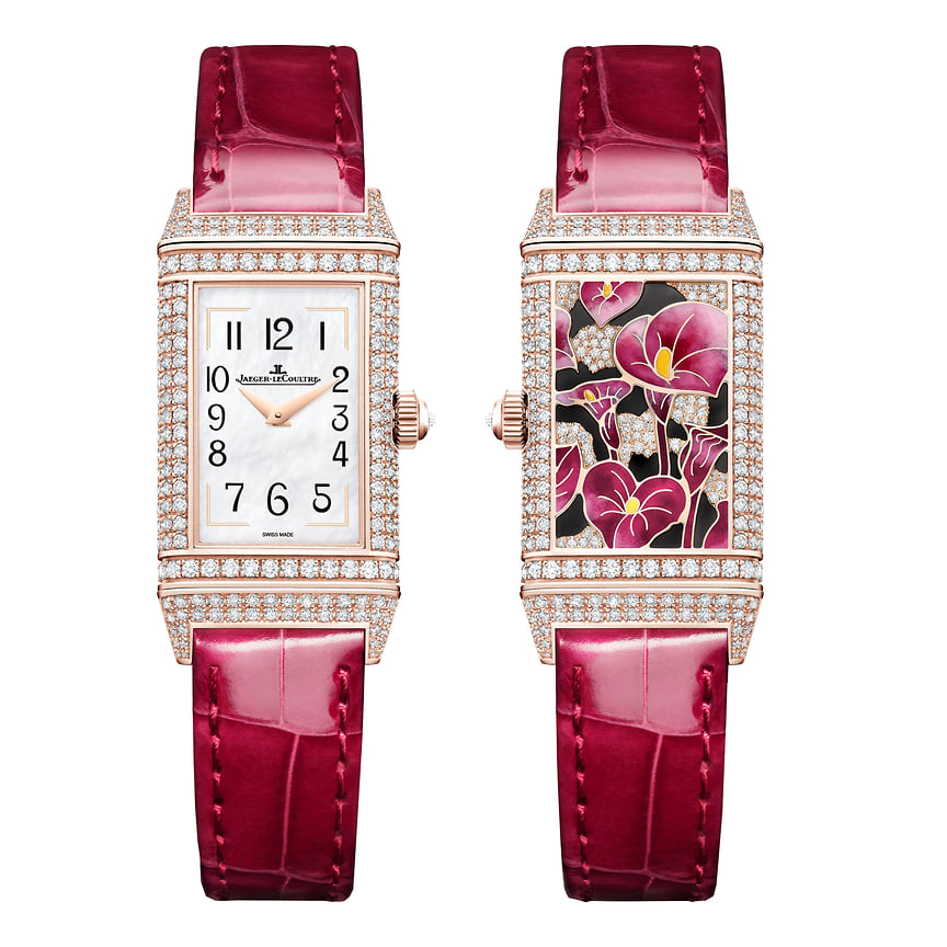 Jaeger-LeCoultre, часы Reverso One Precious Flowers Pink Arums, 40 x 20 мм, розовое золото, бриллианты, эмаль, механизм с ручным подзаводом