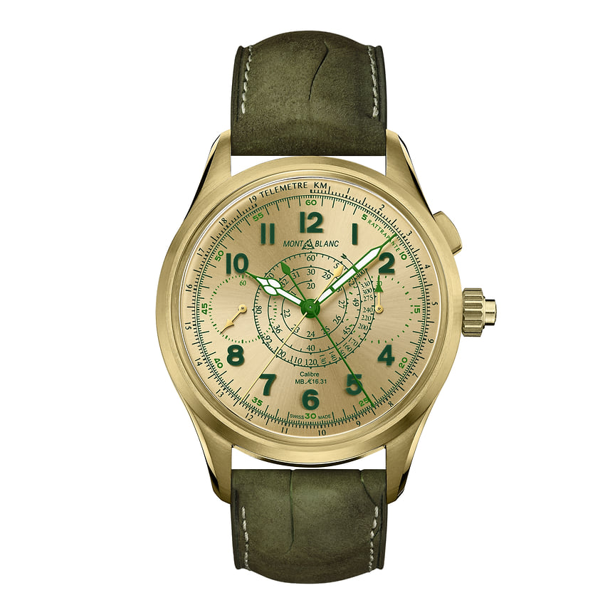 Montblanc, часы 1858 Split Second Chronograph Limited Edition 18, &quot;лаймовое&quot; золото, 44 мм, механизм с ручным подзаводом