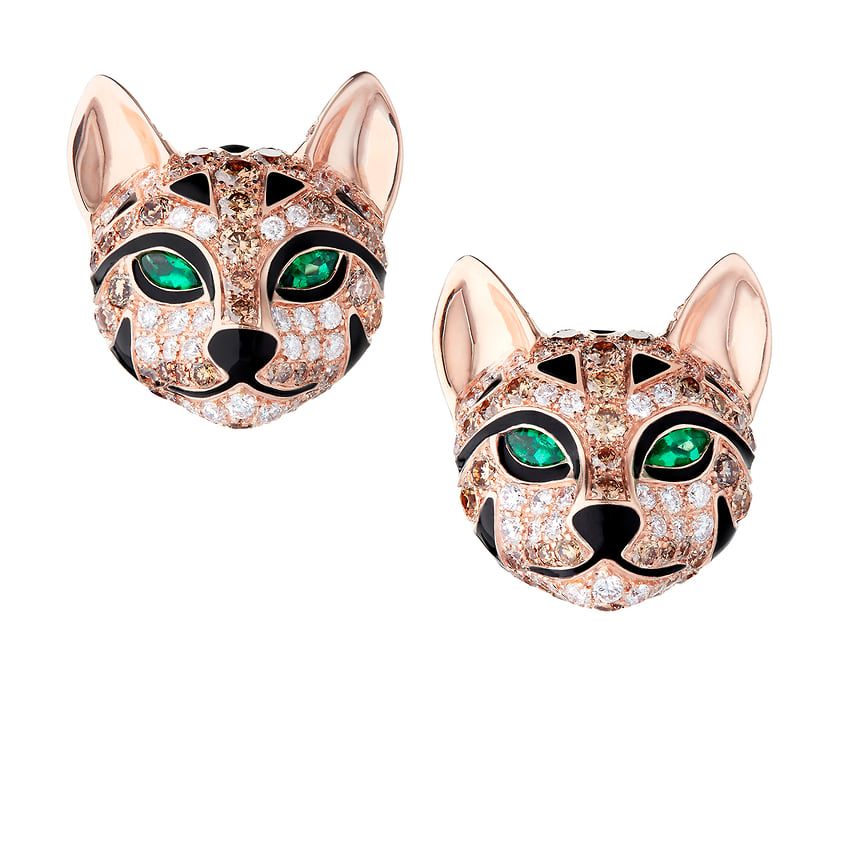 Boucheron, серьги Fuzzy the Leopard-Cat, розовое золото, изумруды, бриллианты, черный лак