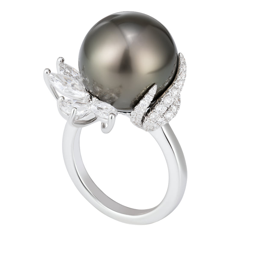 Mikimoto, кольцо, белое золото, жемчуг, бриллианты