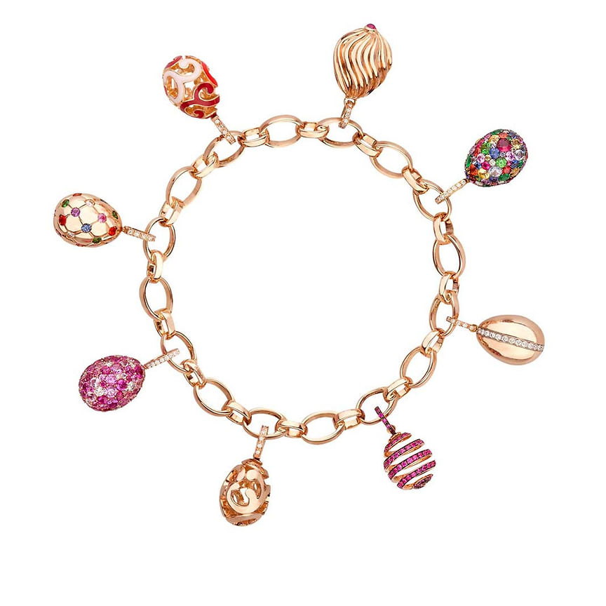Faberge, браслет с подвесками Rococo, розовое золото, эмаль, бриллианты, цветные драгоценные камни