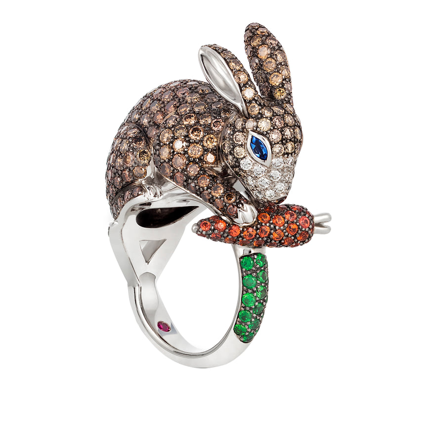 Roberto Coin, кольцо Rabbit, белое золото, коньячные и бесцветные бриллианты, сапфиры, цавориты