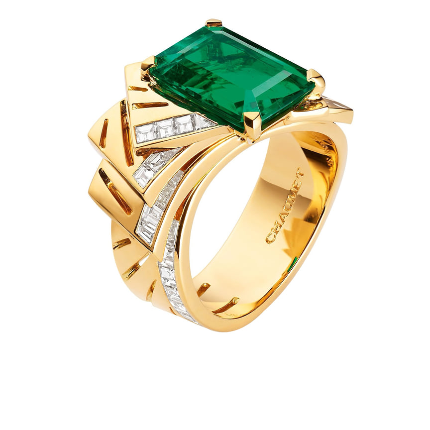 Chaumet, кольцо Skyline, желтое золото, изумруд, бриллианты