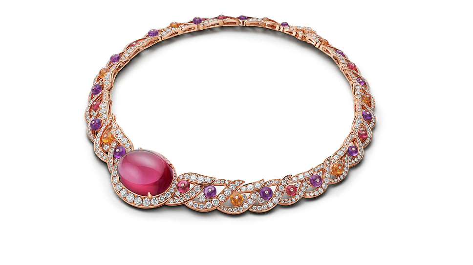 Bvlgari, колье Rubellite Turban, розовое золото, рубеллит (54,74 карат), аметисты, рубеллиты, мандариновые гранаты, бриллианты