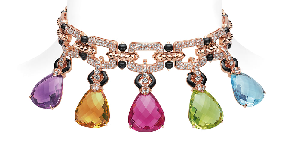 Bvlgari, колье Hidden Treasures, розовое золото, рубеллит (39,73 карат), аметист (32,87 карат), цитрин (32,96 карат), кварц (33,73 карат), аквамарин (32,11 карат), оникс, бриллианты