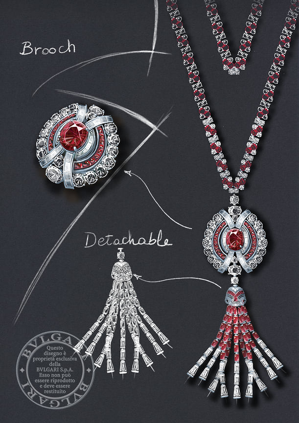 Bvlgari, эскиз колье Ruby Metamorphosis с рубином (12,02 карат)