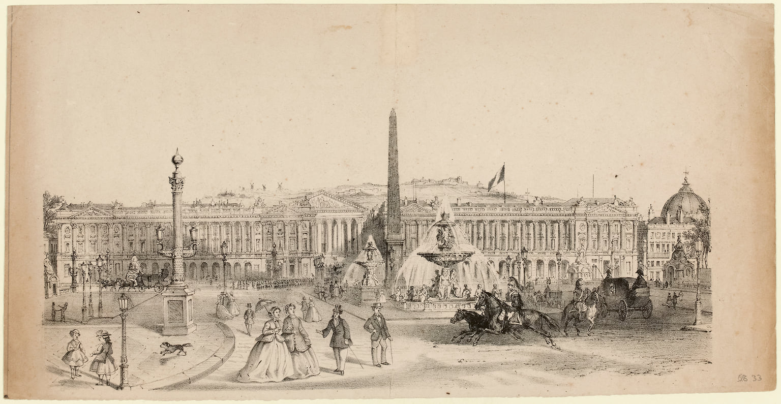 Площадь Согласия, вид на мост Согласия, неизвестный художник, гравюра, музей Карнавалет - история Парижа