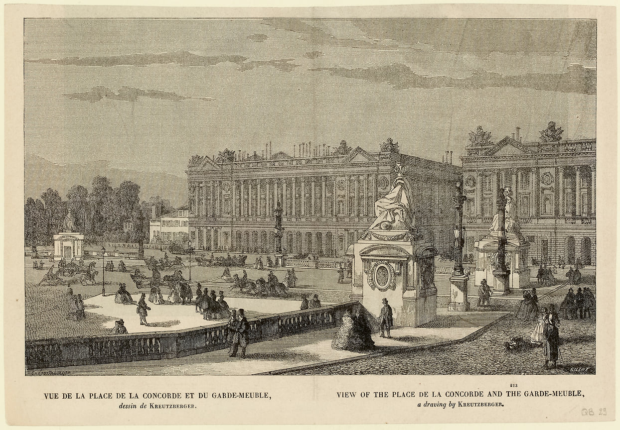 Вид на Площадь Согласия и Гард Мебль, Жилло, гравюра, музей Карнавалет история Парижа