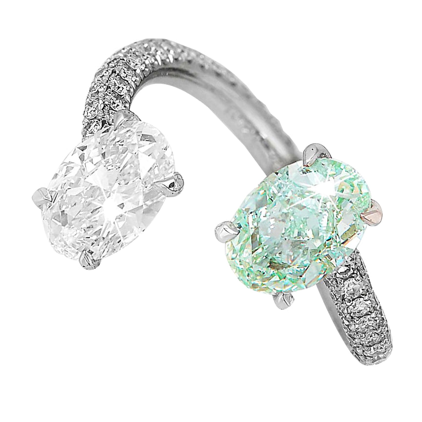 David Morris, кольцо Toi et Moi, белое золото, зеленый и бесцветный бриллианты