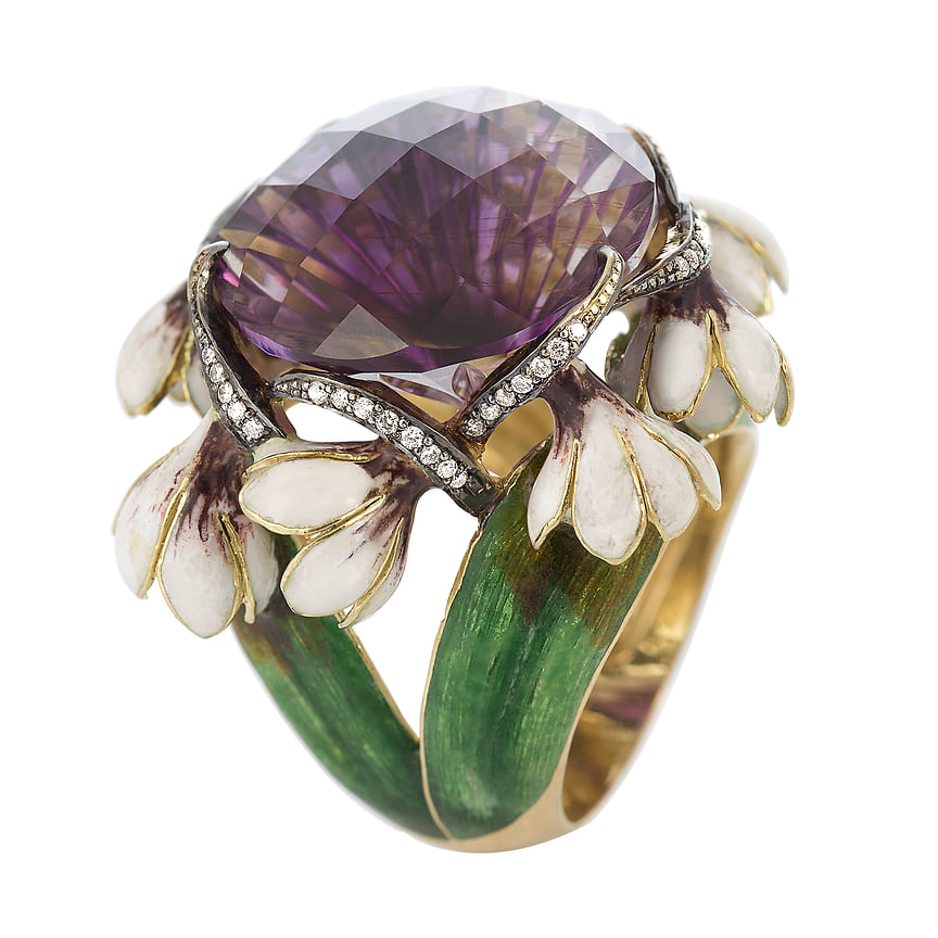 Ilgiz F., кольцо «Подснежники», розовое золото, эмаль, аметист, бриллианты