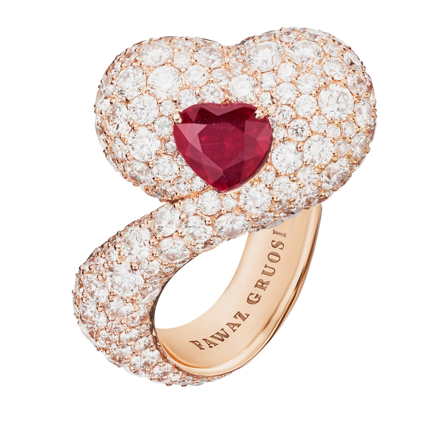  Fawaz Gruosi, кольцо, розовое золото, рубин, бриллианты