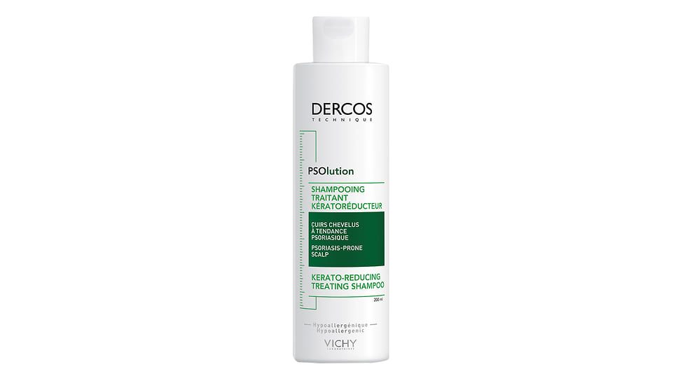 VICHY, кераторегулирующий шампунь для чувствительной кожи головы Dercos PSOlution с салициловой кислотой, мочевиной и глицерином.