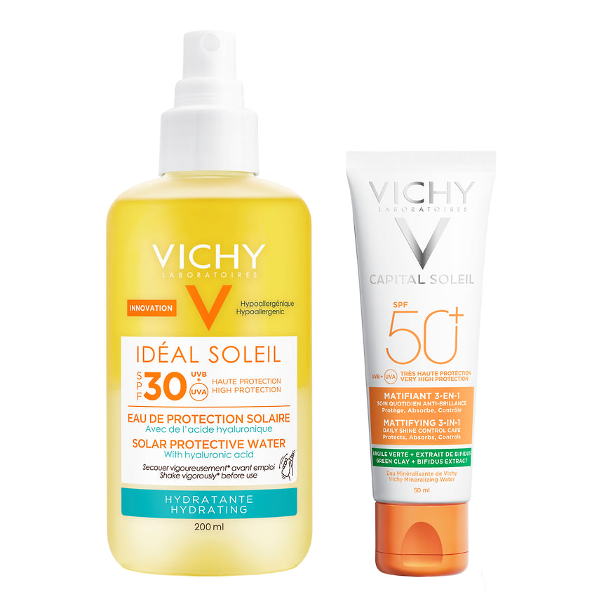 Vichy: солнцезащитный двухфазный увлажняющий спрей Ideal Soleil SPF30, матирующий уход для жирной проблемной кожи 3 в 1; солнцезащитное средство для лица и кожи вокруг глаз Anthelios Невидимый флюид spf 50+.