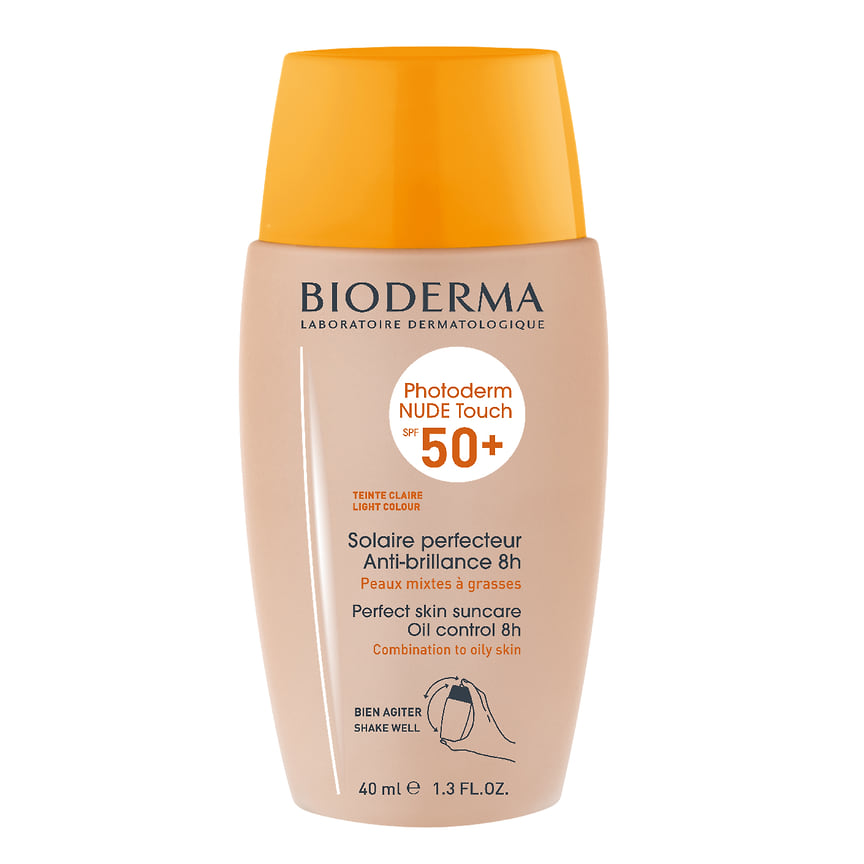 Bioderma, солнцезащитный флюид-пудра с тоном SPF 50+ Photoderm Nude Touch для комбинированной и жирной кожи.