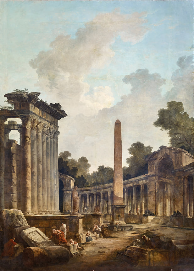 Юбер Робер, «Пейзаж с обелиском и колоннадой»