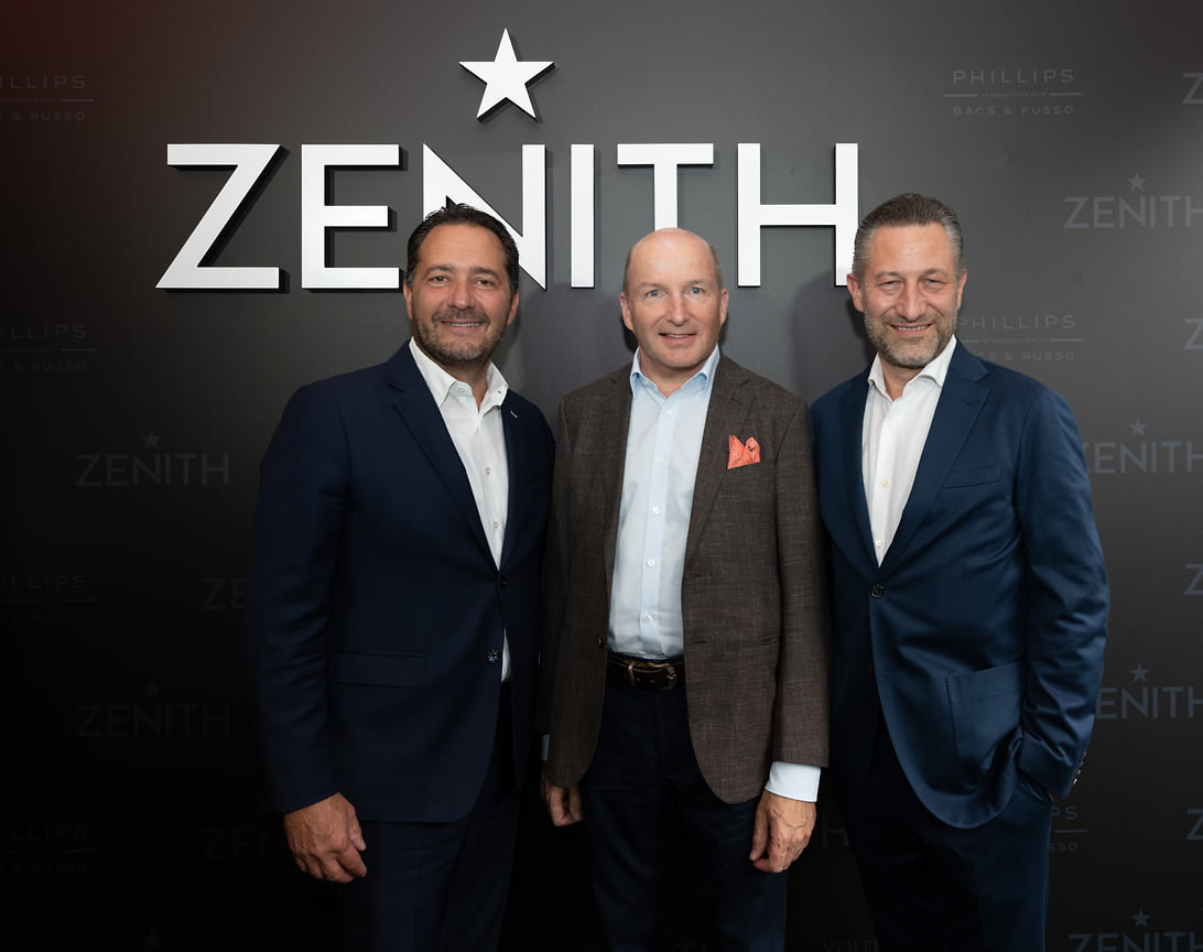Генеральный директор мануфактуры Zenith Жюльен Торнар, Кари Вутилайнен и руководитель часового подразделения аукционного дома Phillips Аурел Бакс.