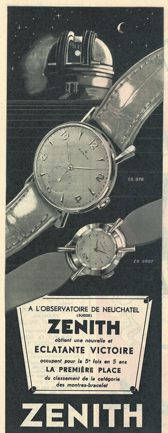 Рекламные публикации Zenith 50-х годов, посвященные победам на обсерваторских конкурсах