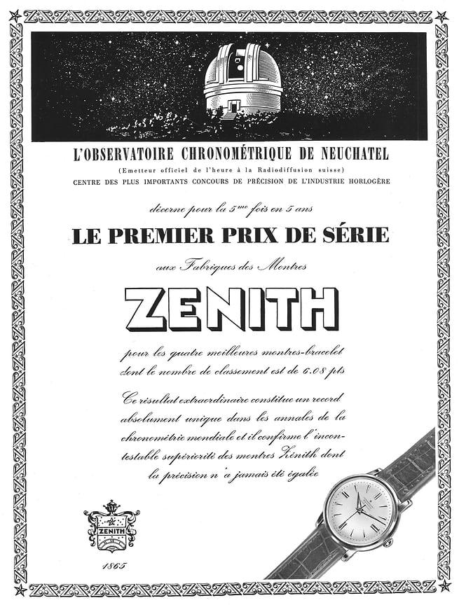 Рекламные публикации Zenith 50-х годов, посвященные победам на обсерваторских конкурсах