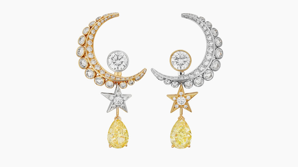 Chanel High Jewellery, серьги Lune Solaire, белое и желтое золото, желтые и бесцветные бриллианты