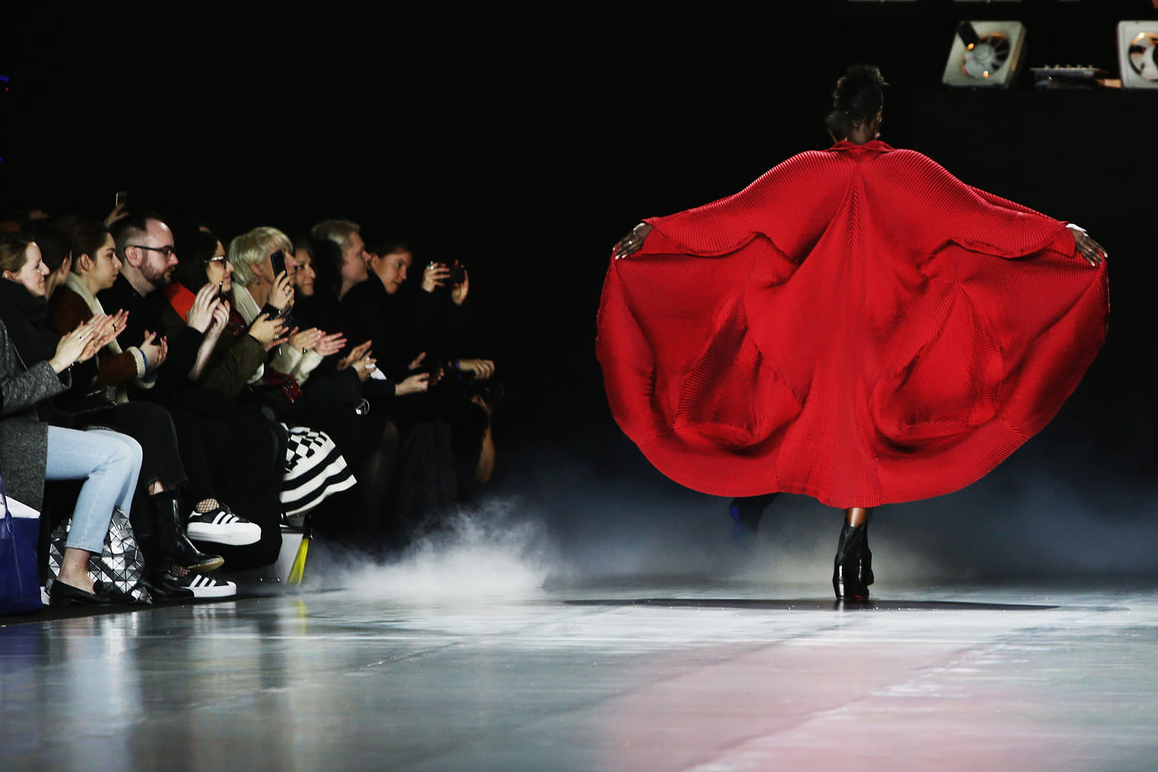 Модель во время показа Иссея Мияке в рамках Парижской недели моды сезона осень-зима 2016/2017. Париж, 2016 год