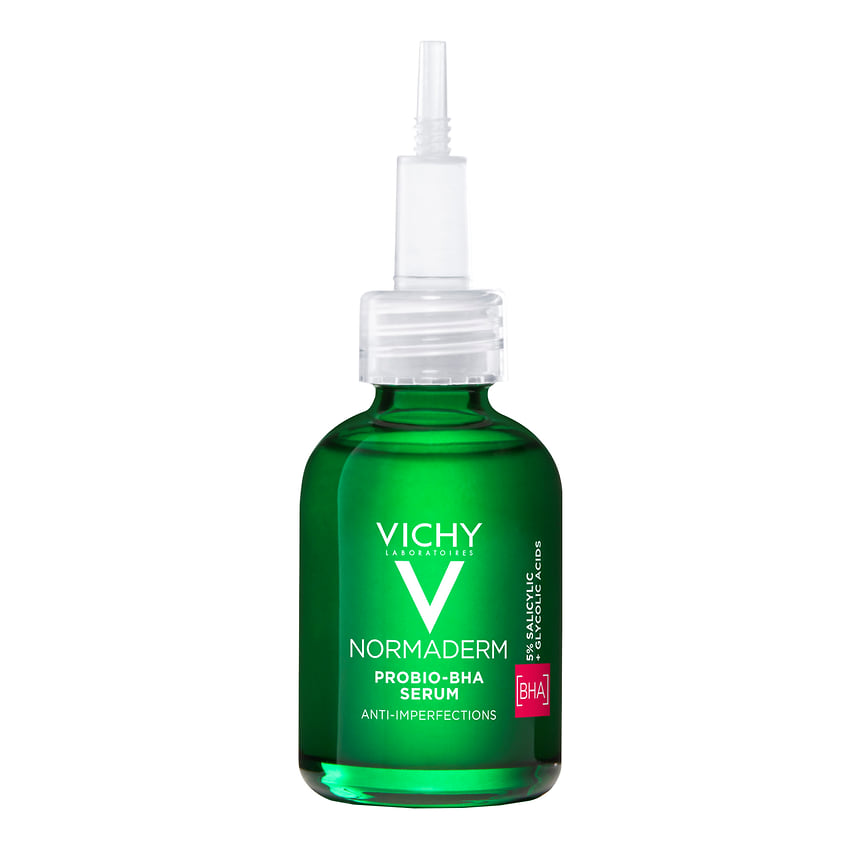Vichy, обновляющая сыворотка против несовершенств кожи Normaderm для проблемой кожи. В составе: вулканическая вода, салициловая и гликолиевая кислоты, пробиотическая фракция.