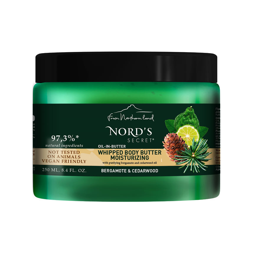 Nord’s Secret: увлажняющий крем-баттер для тела Oil-In-Butter с эфирными маслами бергамота и кедра: увлажняет и восстанавливает кожу.