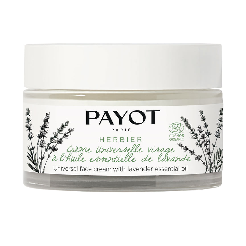Payot, универсальный крем для лица из линии Herbier: выводит токсины, увлажняет и питает кожу. Содержит 24 натуральных ингредиента, в том числе эфирное масло лаванды.