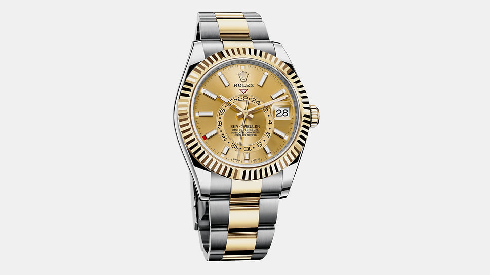 Мужские часы Rolex Oyster Perpetual Sky-Dweller, корпус диаметром 41 мм из нержавеющей стали Oystersteel и желтого золота, мануфактурный автоматический механизм с указателем второго часового пояса