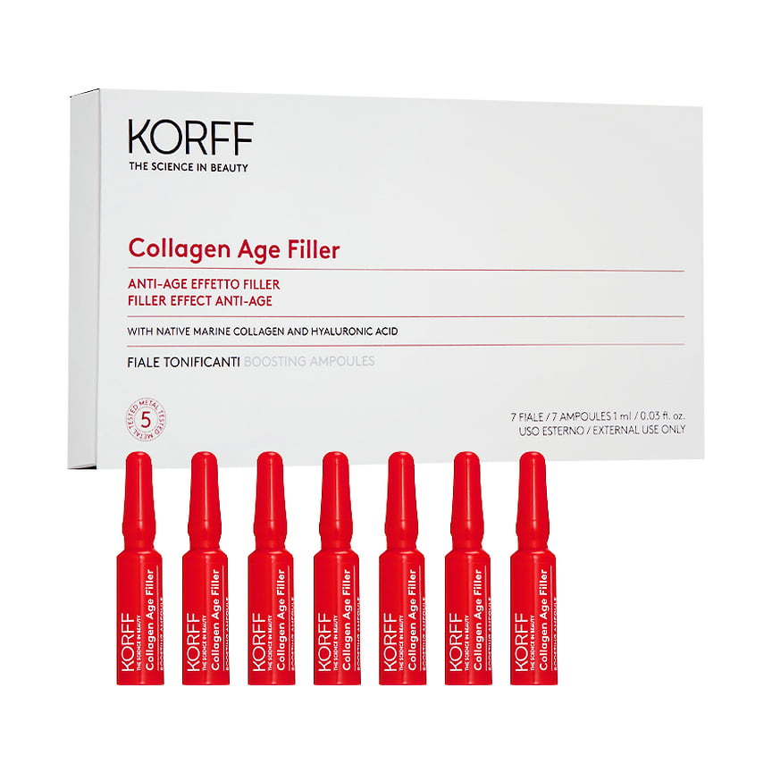 Korff, антивозрастные ампулы Collagen Age Filler Effect Anti-Age Boosting. Состав: гидролизованный морской коллаген, гиалуроновая кислота, витамин С и экстракт семян китайского финика.