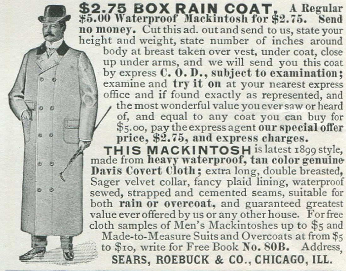 Реклама непромокаемого дождевика «Макинтош» фирмы «Сирс Робак и компания» (Чикаго, Иллинойс), 1898 год.
