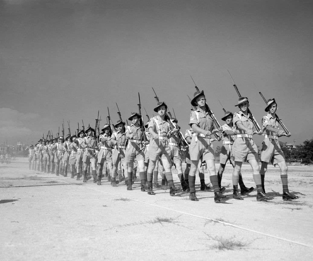 Австралийские войска на «марш-броске» в Куре, Япония, 1950 год
