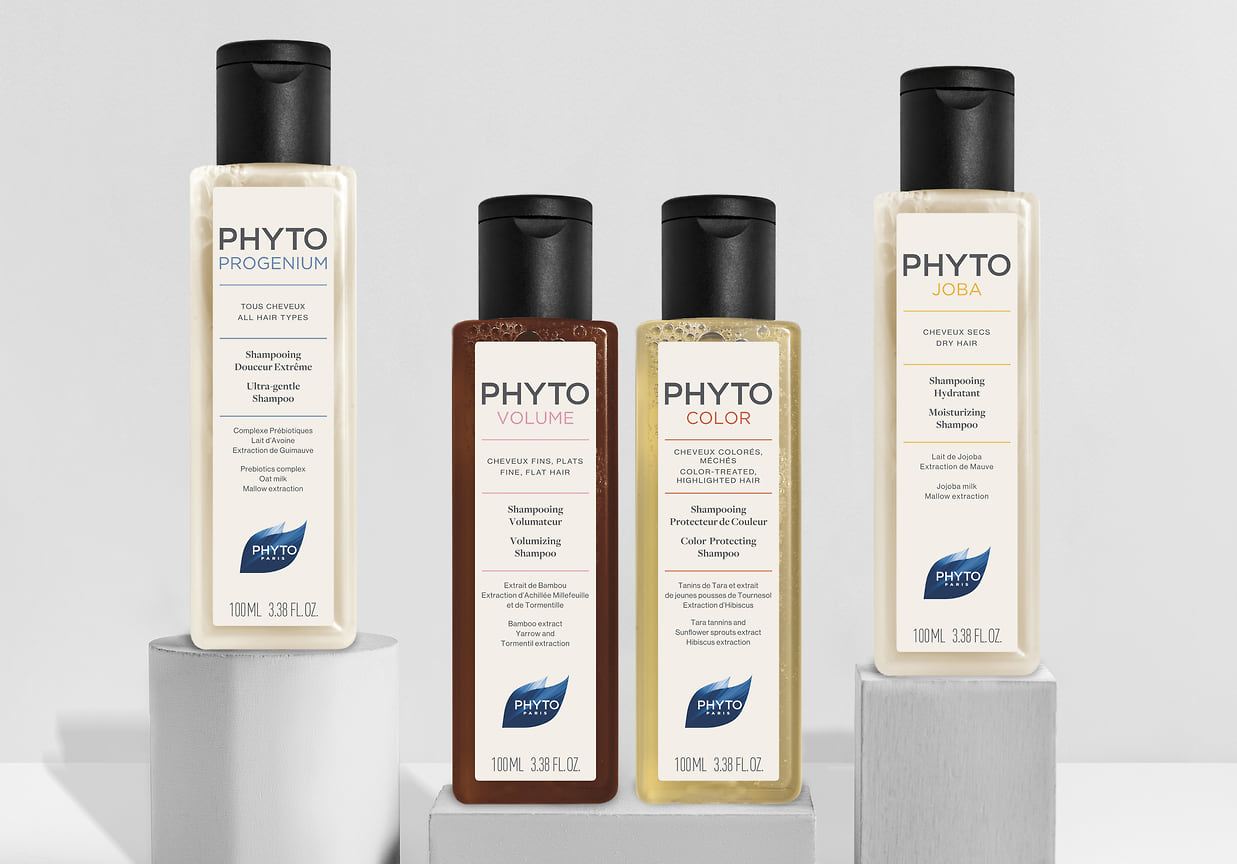 Phyto, шампуни в тревел-формате по 100 мл: Phytoprogenium (для всех типов волос), Volume (объем), Color (защита цвета), Joba (для сухих волос)