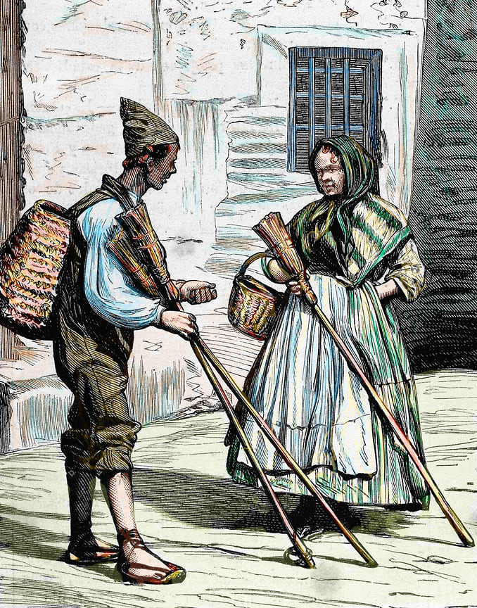 Prodejci košťat, Valencie, Španělsko, barevná rytina, 1872
