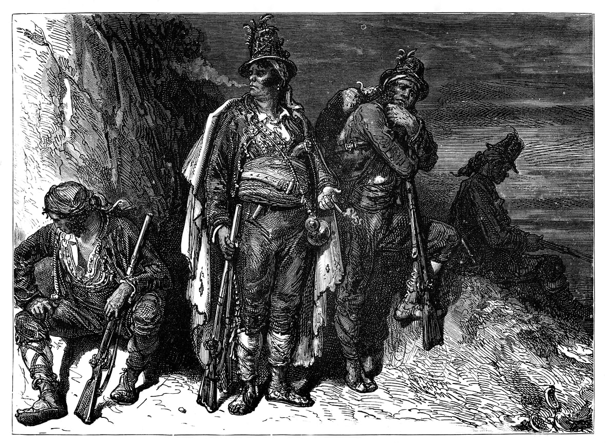 Španělské pobřežní stráže, 1890. Rytina z knihy Roberta Browna 