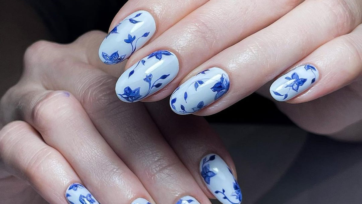Слайдер-дизайн для ногтей Гжель, водный, цвет бело-синий