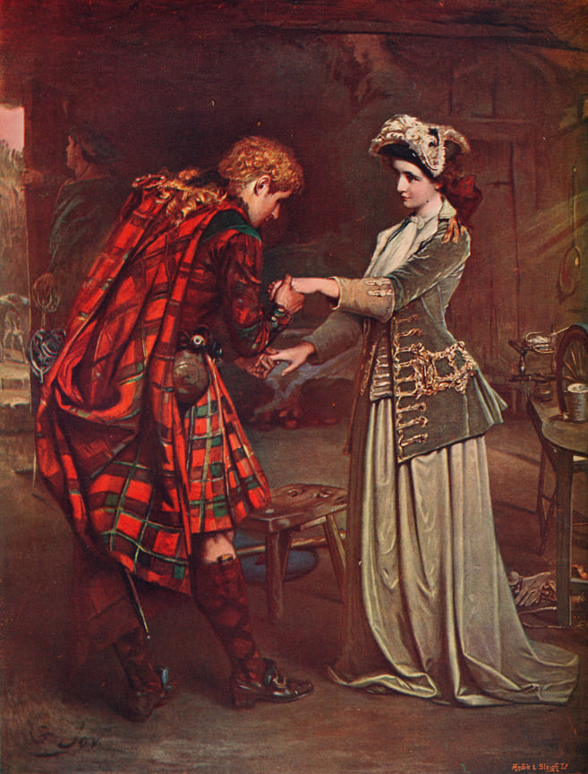 Прощание принца Чарли с Флорой Макдональд, 1746 год (1905). Флора Макдональд помогла якобитскому претенденту Чарльзу Эдуарду Стюарту бежать после его поражения от англичан в битве при Каллодене. Из книги Касселла «История Англии»