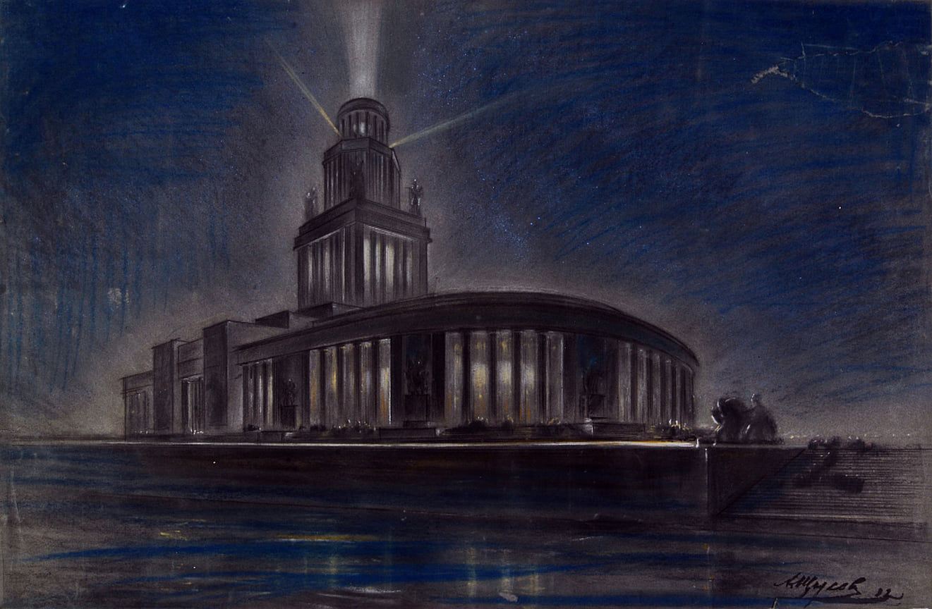 Алексей Щусев, конкурсный проект Дворца Советов в Москве,  второй этап, перспектива со стороны реки при ночном освещении. 1932