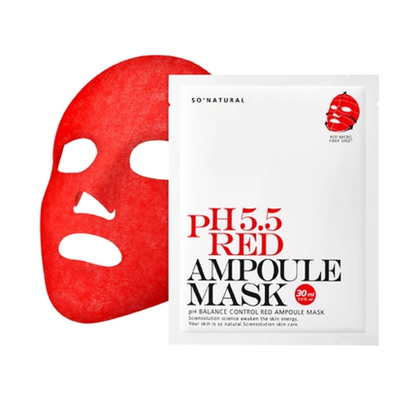 So Natural, восстанавливающая маска 5.5 Red Ampoule Mask: предотвращает обезвоженность, ощущение стянутости, снимает раздражения и покраснения, ускоряет процессы заживления и регенерации кожи. В составе: экстракт и масло листьев чайного дерева, экстракт ромашки, пантенол. (в Foam)
