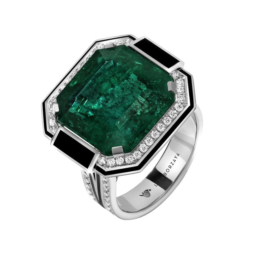 Кольцо Emerald Dream, белое золото, изумруд, бриллианты, эмаль, Liza Borzaya