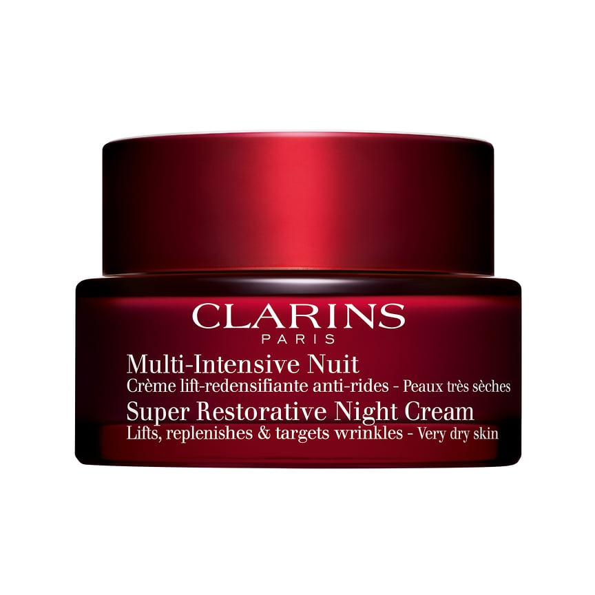 Clarins, восстанавливающий ночной крем с эффектом лифтинга для любого типа кожи: разглаживает кожу и создает заметный лифтинг-эффект. В составе: растительные комплексы с органическими экстрактами харунганы, улекса и почек рябины, витамин С